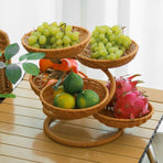 Hand-Woven Fruit Basket Multi-Layer Snack Tray Imitation Rattan Storage Kitchen - Stripe - Size L