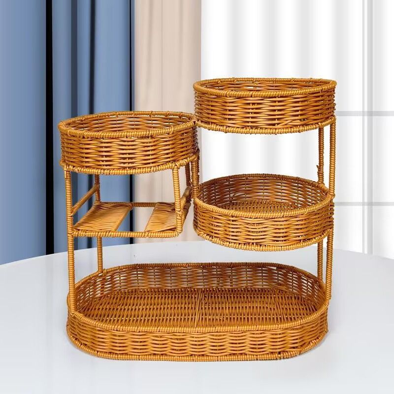 Imitation Rattan Fruit Basket Multi-Layer Fruit Basket Snack Storage Candy - Light Brown - Size L