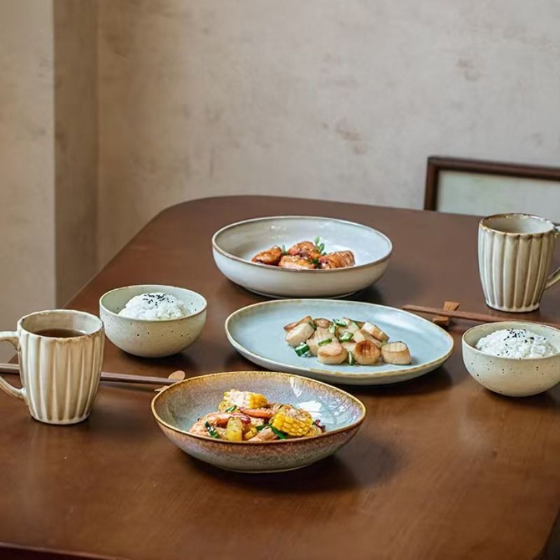 Ceramic Plates Flame Pattern Plates Deep Salad Bowls Noodle Bowls Fruit Plates - Multi - Size L