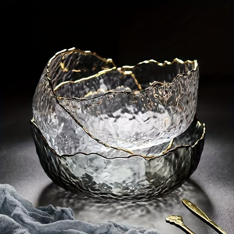 Hammered Glass Bowl Glacier Bowl Transparent Salad Bowl Solid-Color Bowl Large - Clear - Size L