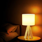 Beige tripod table lamp, bedside lamp, desk lamp, home lighting, wooden lamp, fabric shade lamp, contemporary lamp, Australia