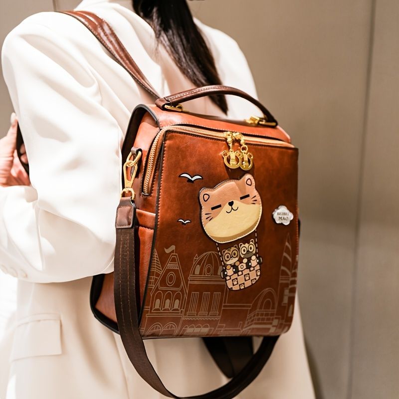 Fashionable Backpack Printed Backpack Double-Shoulder Backpack Cute Cat Print - Beige - Size 29-24-13