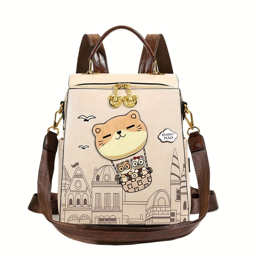 Fashionable Backpack Printed Backpack Double-Shoulder Backpack Cute Cat Print - Brown - Size 29-24-13