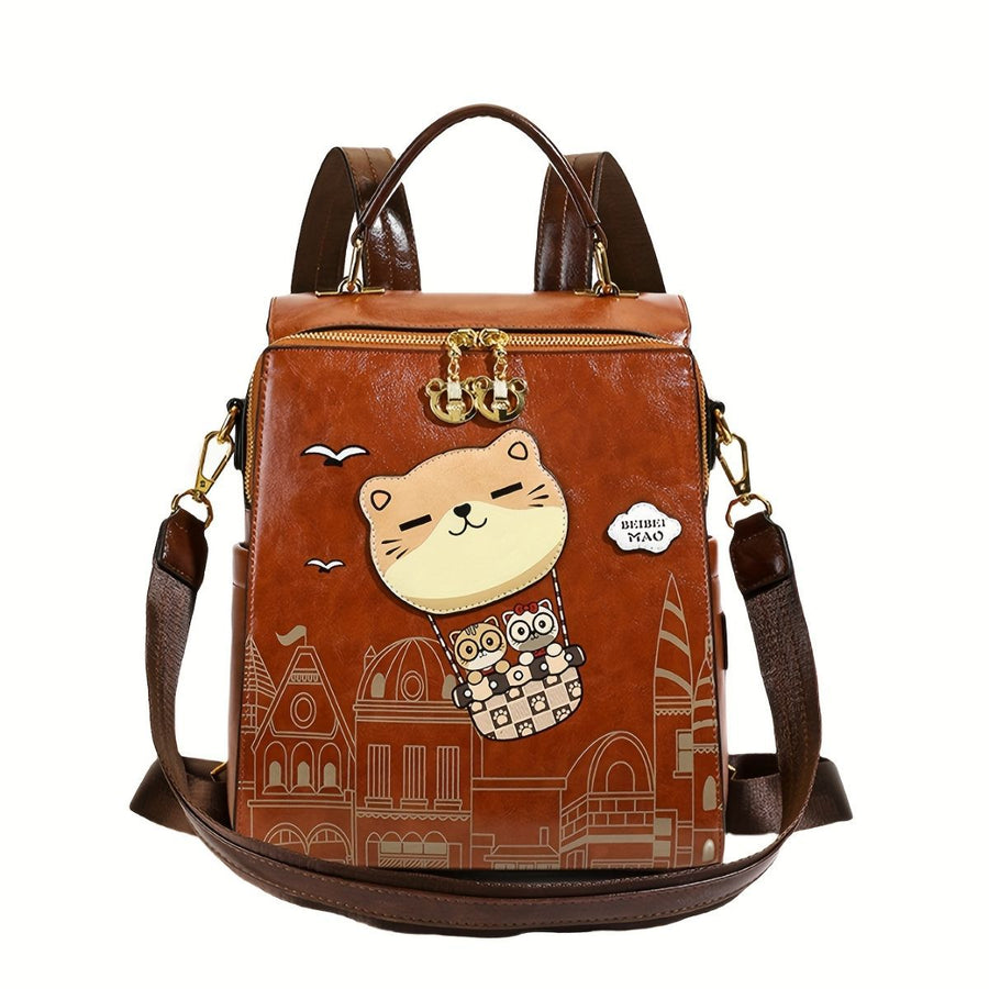 Fashionable Backpack Printed Backpack Double-Shoulder Backpack Cute Cat Print - Brown - Size 29-24-13