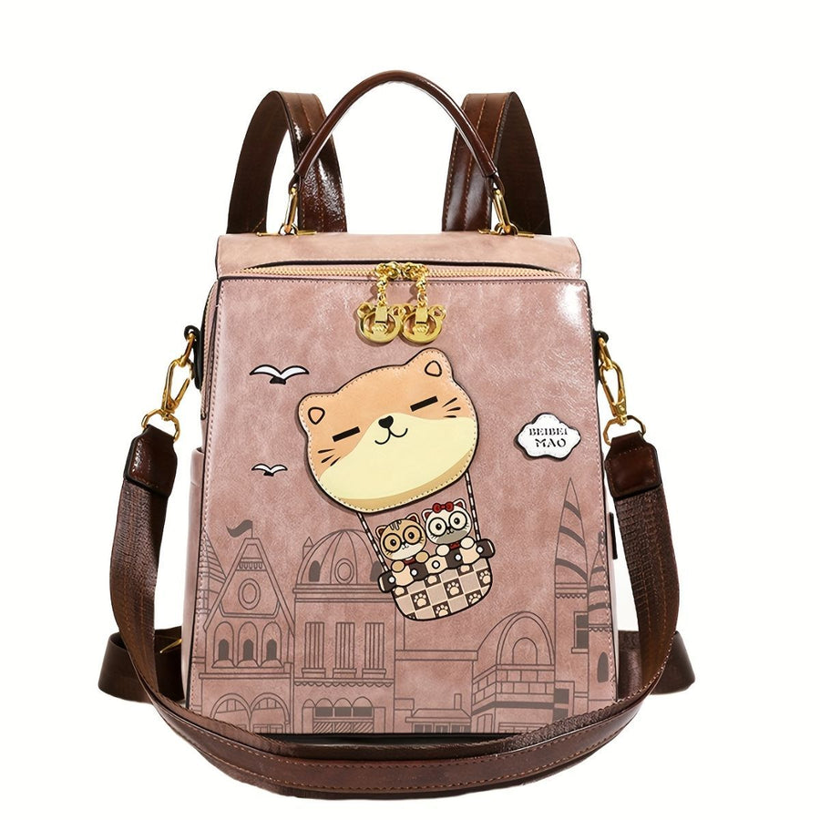Fashionable Backpack Printed Backpack Double-Shoulder Backpack Cute Cat Print - Brown - Size 29-24-13