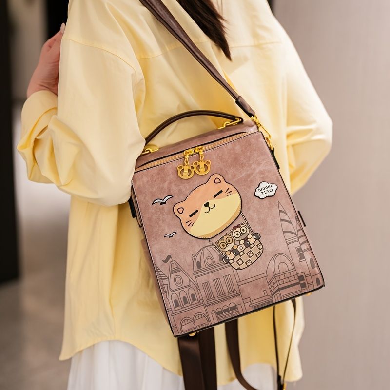 Fashionable Backpack Printed Backpack Double-Shoulder Backpack Cute Cat Print - Brown - Size 29-24-13