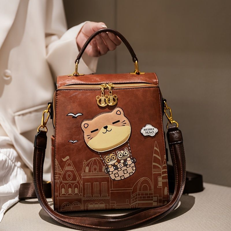 Fashionable Backpack Printed Backpack Double-Shoulder Backpack Cute Cat Print - Brown - Size 29-24-13