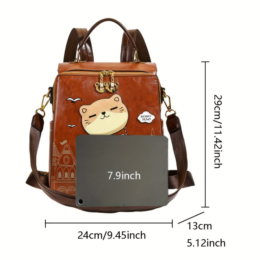 Fashionable Backpack Printed Backpack Double-Shoulder Backpack Cute Cat Print - Brown - Size 29-24-13