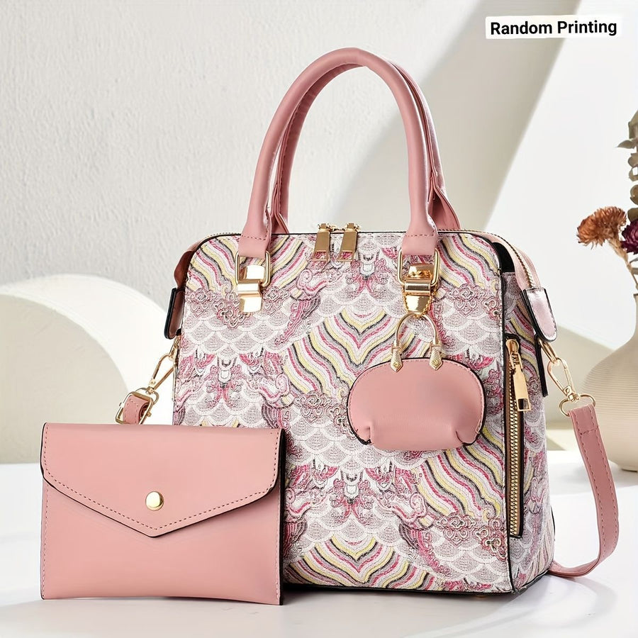 Ladies Hand-Held Bags 2-Piece Set Embroidered Print Retro Stylish Bag With - Black - Size 24-13-24