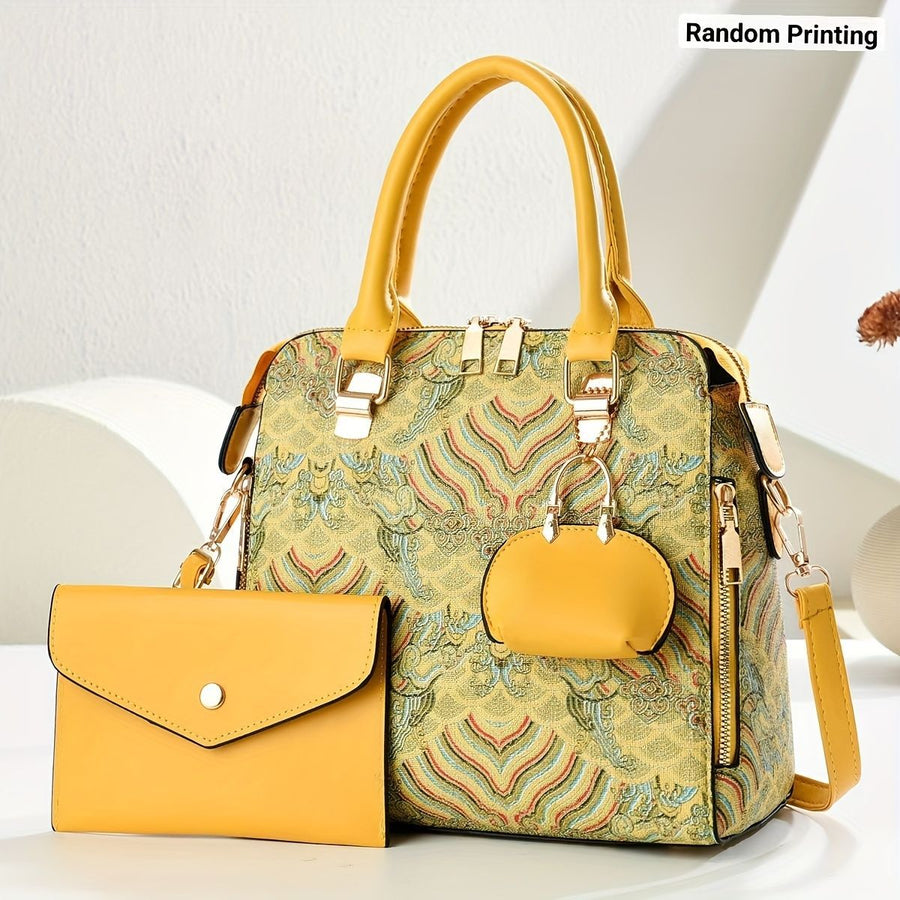 Ladies Hand-Held Bags 2-Piece Set Embroidered Print Retro Stylish Bag With - Khaki - Size 24-13-24