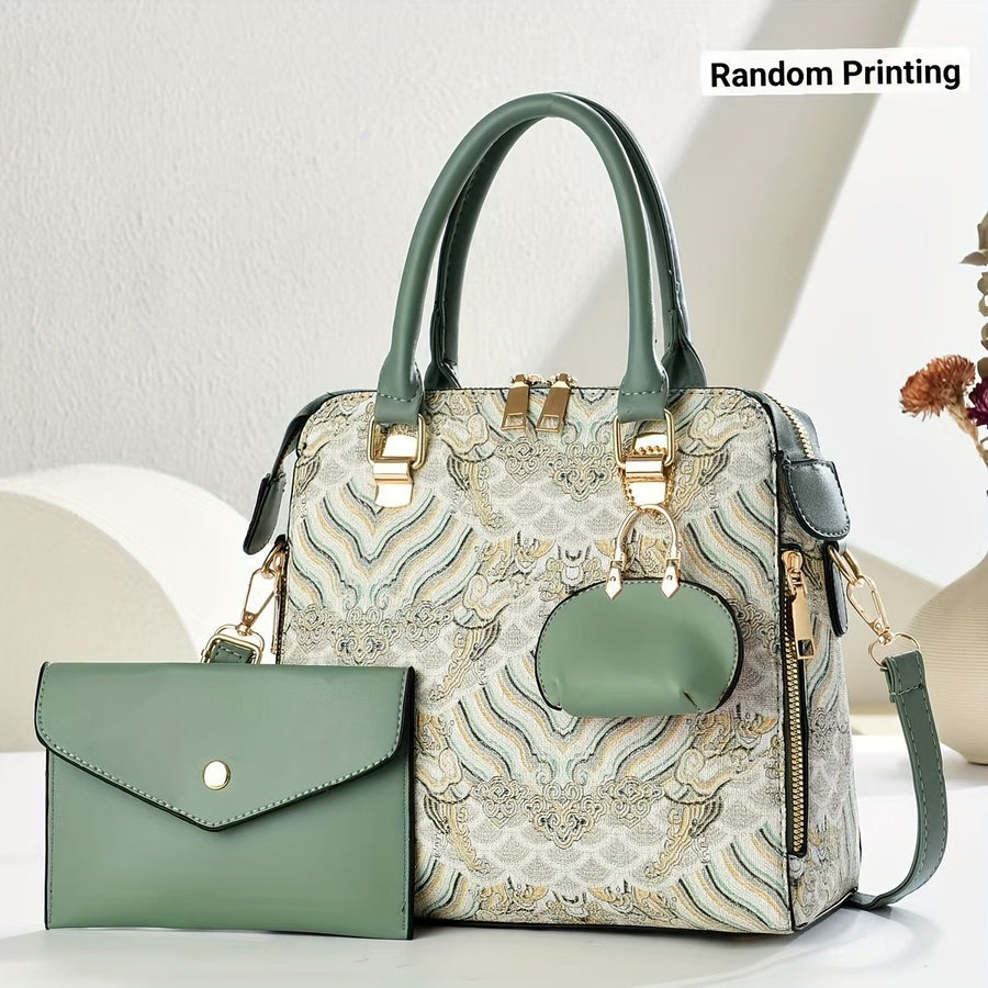 Ladies Hand-Held Bags 2-Piece Set Embroidered Print Retro Stylish Bag With - Khaki - Size 24-13-24
