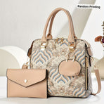 Ladies Hand-Held Bags 2-Piece Set Embroidered Print Retro Stylish Bag With - Khaki - Size 24-13-24
