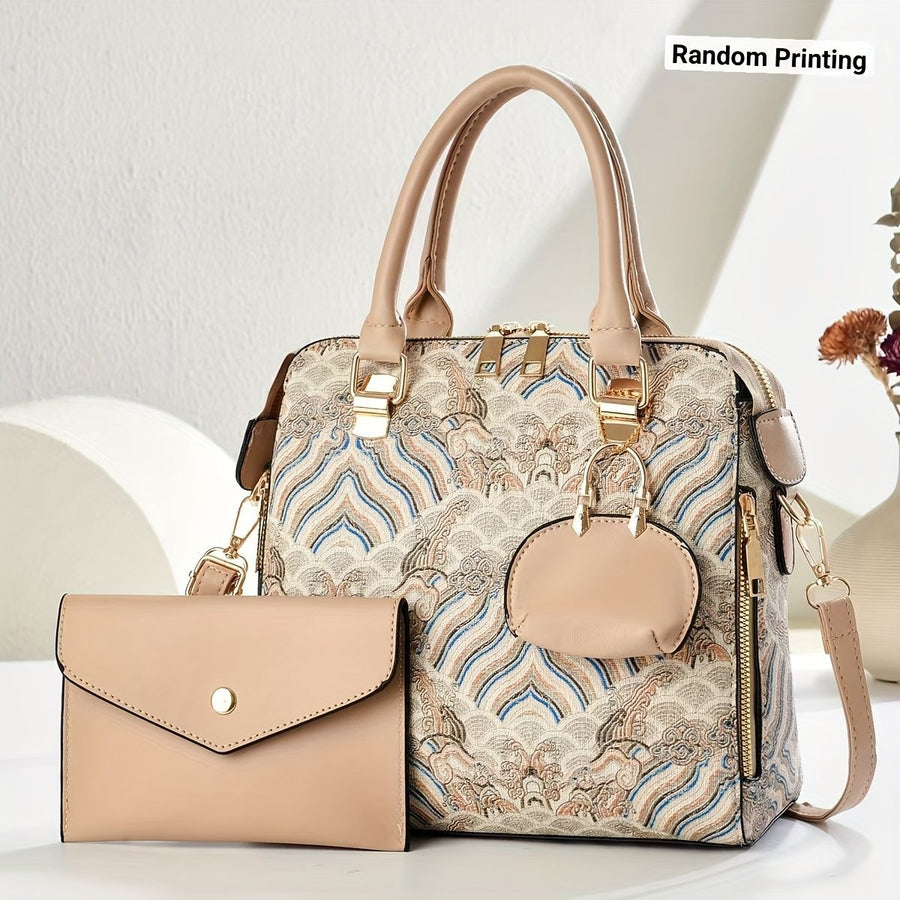 Ladies Hand-Held Bags 2-Piece Set Embroidered Print Retro Stylish Bag With - Khaki - Size 24-13-24