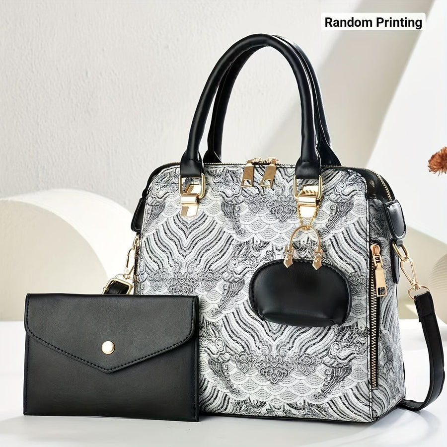 Ladies Hand-Held Bags 2-Piece Set Embroidered Print Retro Stylish Bag With - Pink - Size 24-13-24