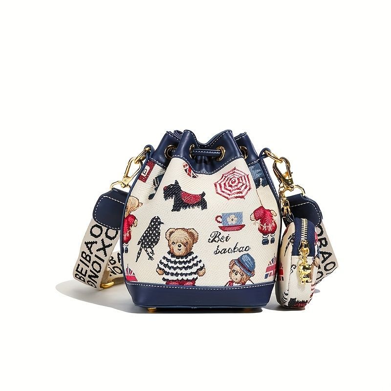 Women'S Bucket Bag Bear Print Handbag Trendy Handbag British Style Bag - Blue - Size 11-14-19