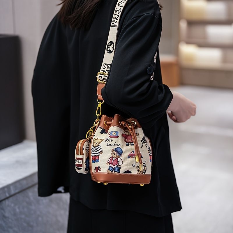 Women'S Bucket Bag Bear Print Handbag Trendy Handbag British Style Bag - Blue - Size 11-14-19