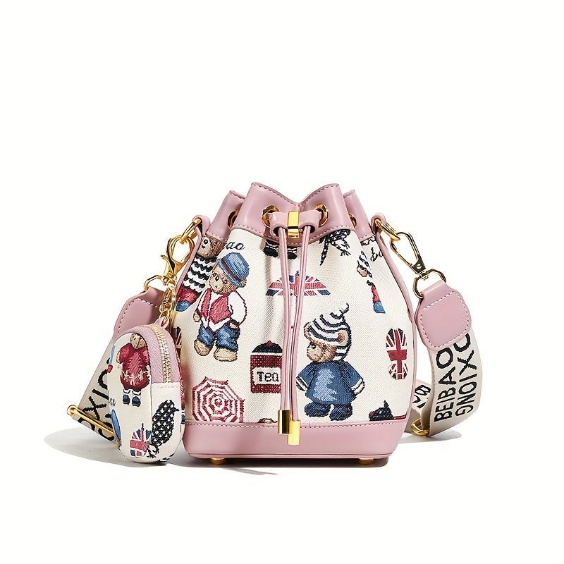 Women'S Bucket Bag Bear Print Handbag Trendy Handbag British Style Bag - Blue - Size 11-14-19
