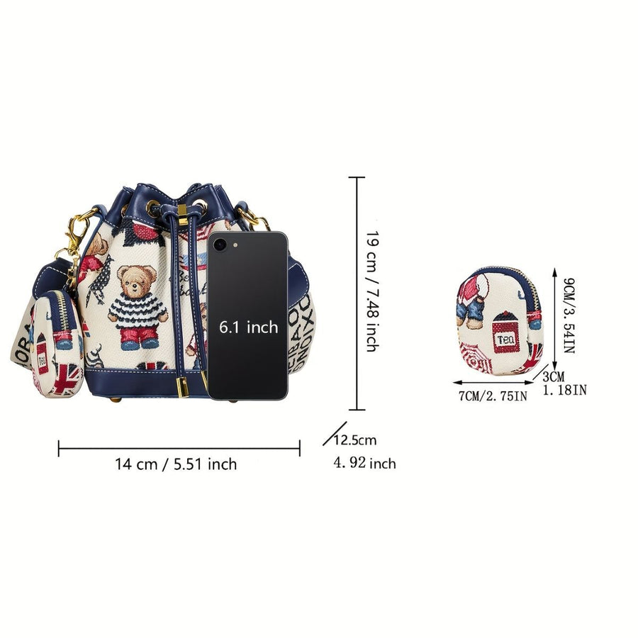 Women'S Bucket Bag Bear Print Handbag Trendy Handbag British Style Bag - Blue - Size 11-14-19