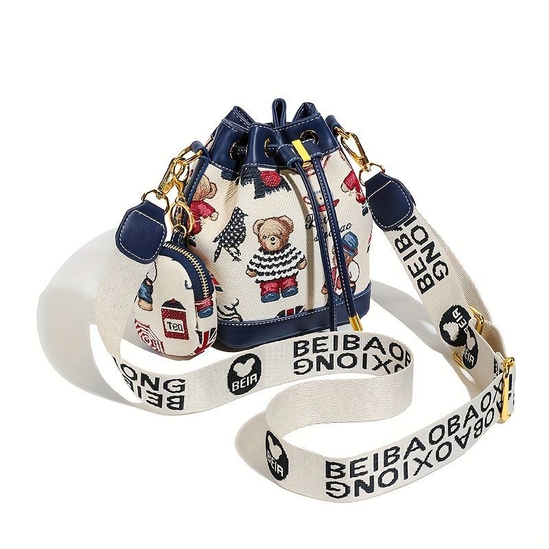 Women'S Bucket Bag Bear Print Handbag Trendy Handbag British Style Bag - Blue - Size 11-14-19