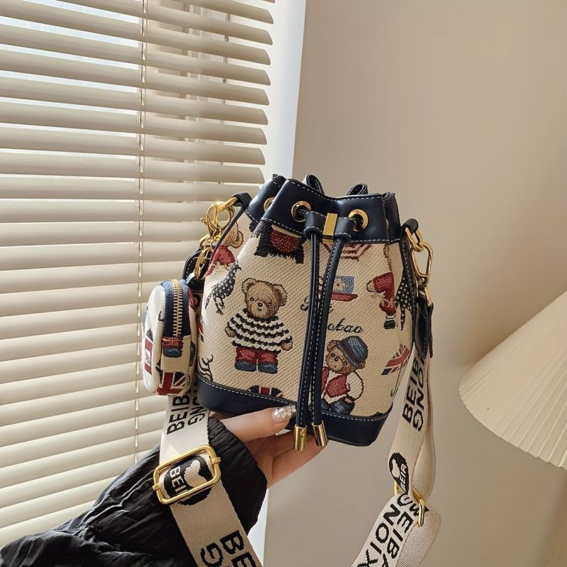 Women'S Bucket Bag Bear Print Handbag Trendy Handbag British Style Bag - Blue - Size 11-14-19