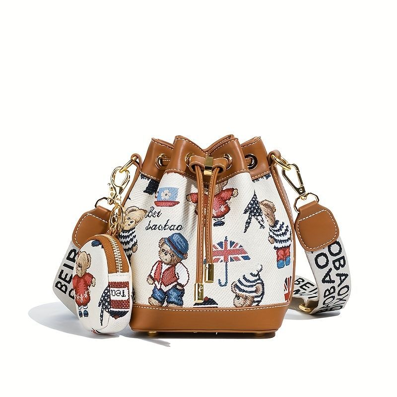 Women'S Bucket Bag Bear Print Handbag Trendy Handbag British Style Bag - Pink - Size 11-14-19