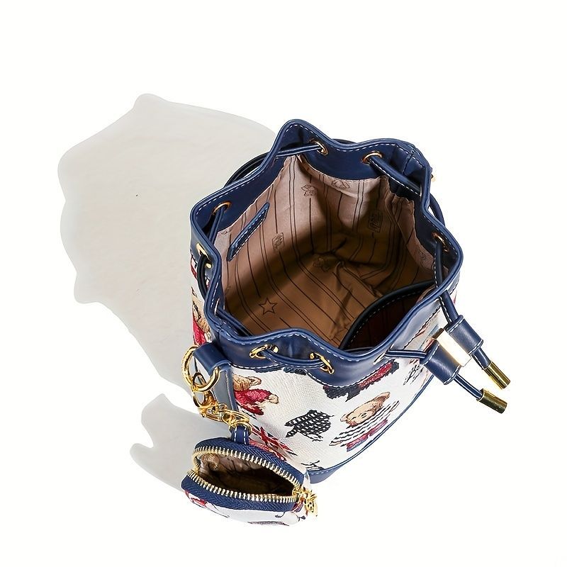 Women'S Bucket Bag Bear Print Handbag Trendy Handbag British Style Bag - Pink - Size 11-14-19