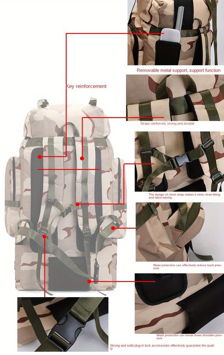 130L Backpack Outdoor Travel Backpack Camping Backpack For Adults Large - Khaki - Size M