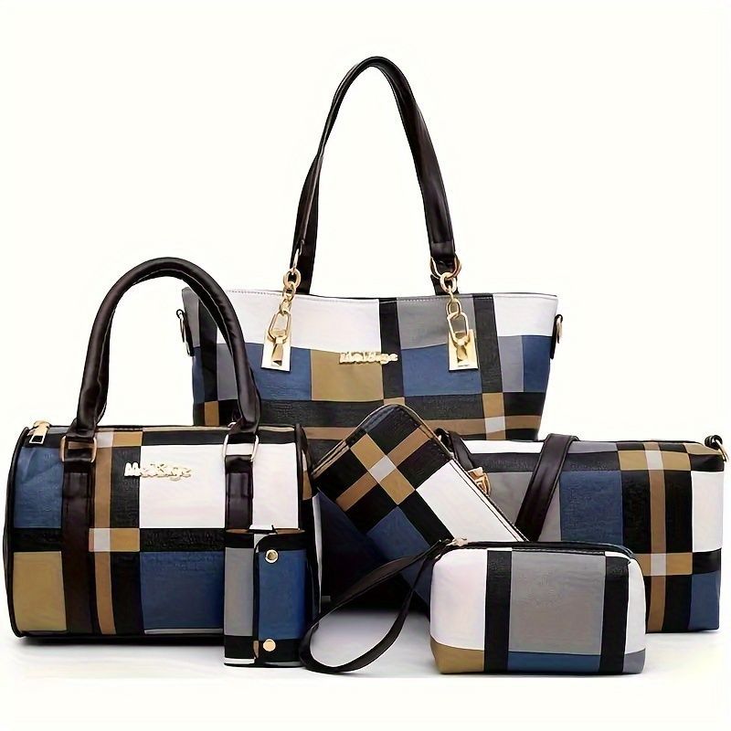 Women'S Bag Set Six Piece Bag Set Checkered Bag Large Capacity Bag Korean Style - Black - Size 30-27-13