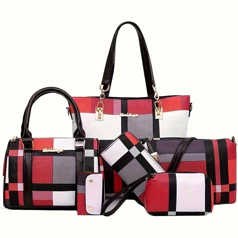 Women'S Bag Set Six Piece Bag Set Checkered Bag Large Capacity Bag Korean Style - Blue - Size 30-27-13