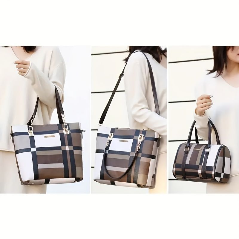 Women'S Bag Set Six Piece Bag Set Checkered Bag Large Capacity Bag Korean Style - Blue - Size 30-27-13
