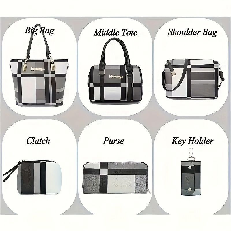 Women'S Bag Set Six Piece Bag Set Checkered Bag Large Capacity Bag Korean Style - Blue - Size 30-27-13
