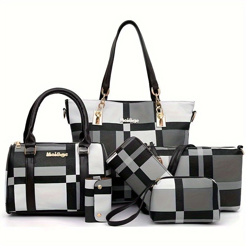 Women'S Bag Set Six Piece Bag Set Checkered Bag Large Capacity Bag Korean Style - Green - Size 30-27-13