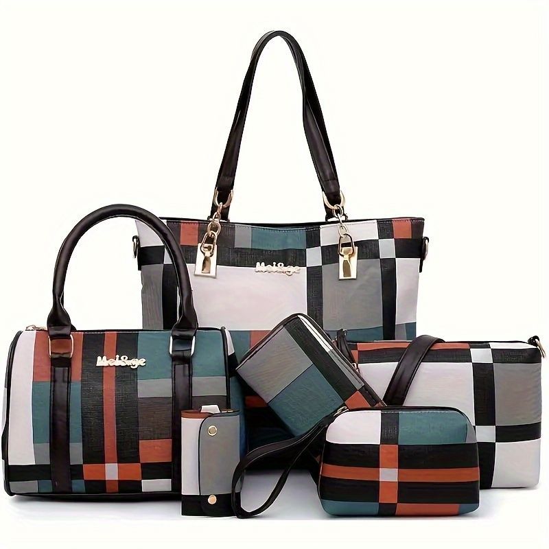 Women'S Bag Set Six Piece Bag Set Checkered Bag Large Capacity Bag Korean Style - Green - Size 30-27-13
