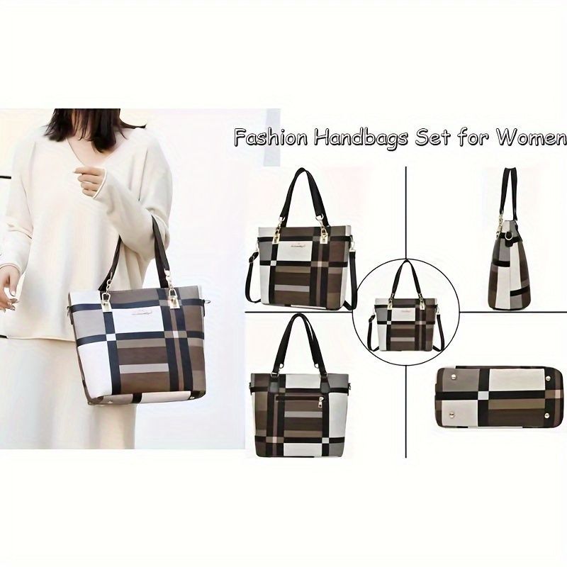 Women'S Bag Set Six Piece Bag Set Checkered Bag Large Capacity Bag Korean Style - Green - Size 30-27-13