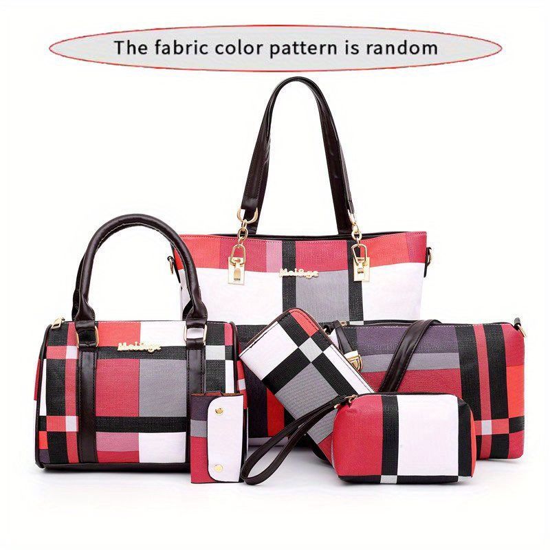 Women'S Bag Set Six Piece Bag Set Checkered Bag Large Capacity Bag Korean Style - Green - Size 30-27-13