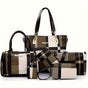 Women'S Bag Set Six Piece Bag Set Checkered Bag Large Capacity Bag Korean Style - Red - Size 30-27-13