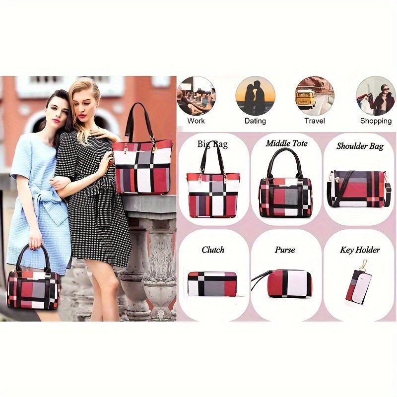 Women'S Bag Set Six Piece Bag Set Checkered Bag Large Capacity Bag Korean Style - Red - Size 30-27-13