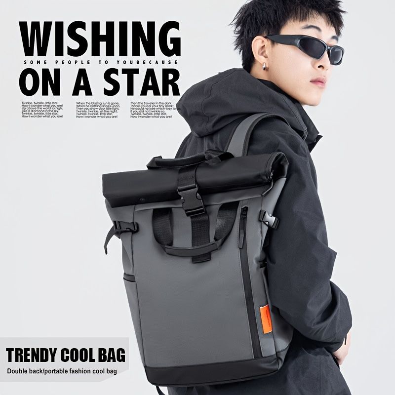 Roll-Top Backpack Travel Backpack Water-Resistant Backpack Unisex Backpack - Black - Size M