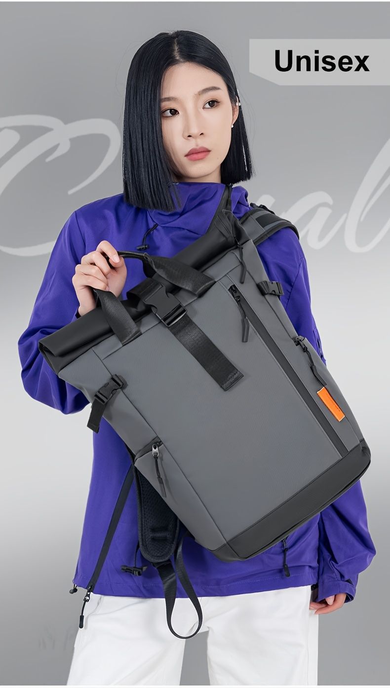 Roll-Top Backpack Travel Backpack Water-Resistant Backpack Unisex Backpack - Black - Size M
