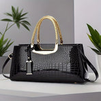 Black Tote Bag Patent Croc Embossed Gold Handles Stylish Accessory High Quality - Burgundy - Size L