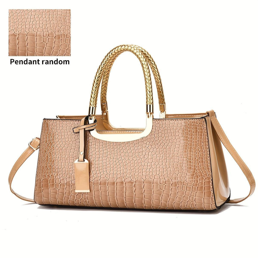 Black Tote Bag Patent Croc Embossed Gold Handles Stylish Accessory High Quality - Burgundy - Size L