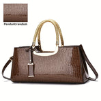 Black Tote Bag Patent Croc Embossed Gold Handles Stylish Accessory High Quality - Khaki - Size L