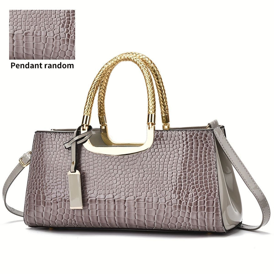 Black Tote Bag Patent Croc Embossed Gold Handles Stylish Accessory High Quality - Light Gray - Size L