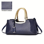 Black Tote Bag Patent Croc Embossed Gold Handles Stylish Accessory High Quality - White - Size L