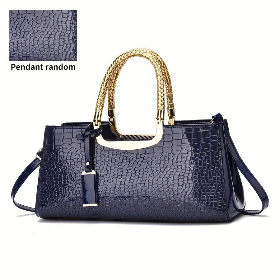 Black Tote Bag Patent Croc Embossed Gold Handles Stylish Accessory High Quality - White - Size L