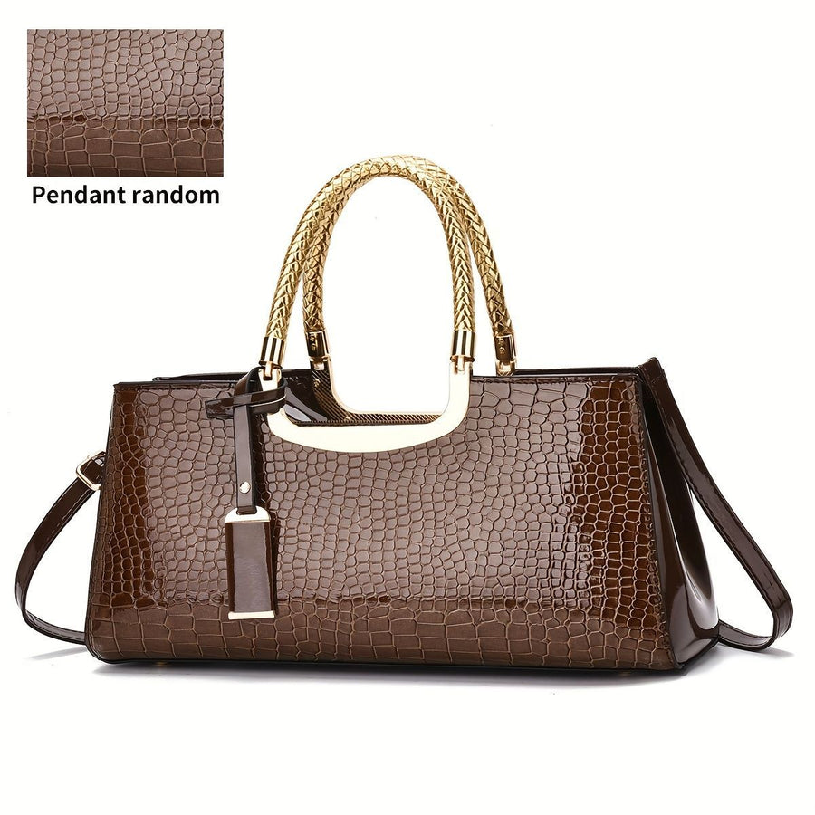Black Tote Bag Patent Croc Embossed Gold Handles Stylish Accessory High Quality - White - Size L