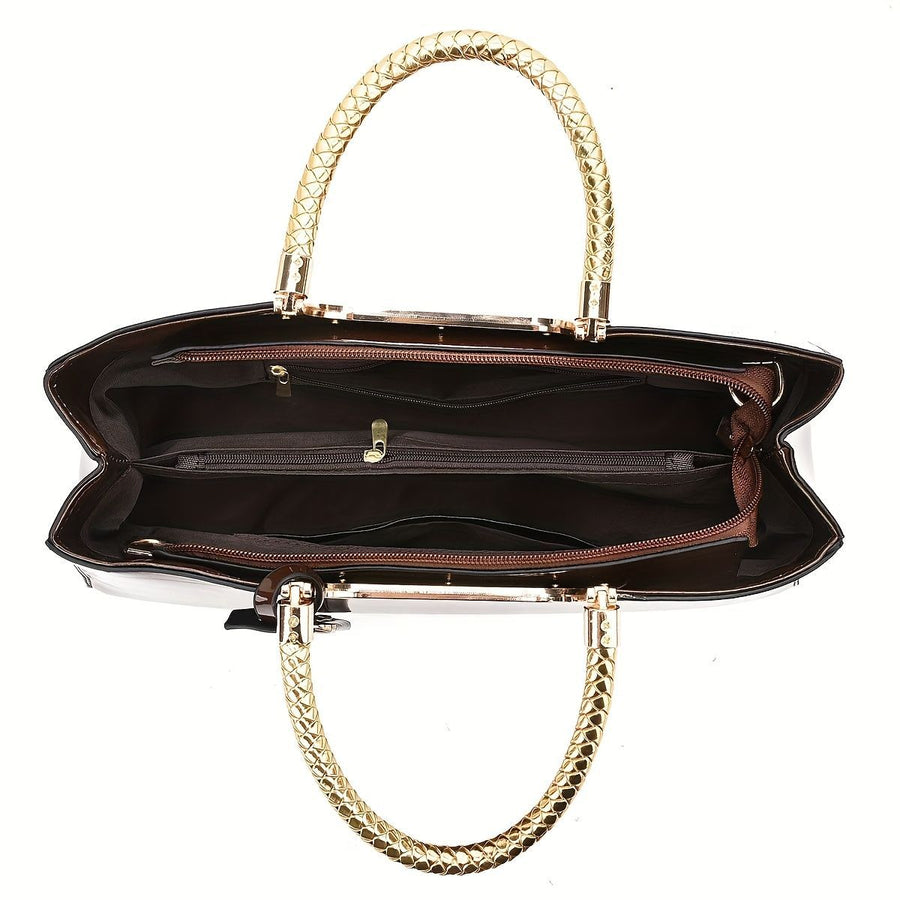 Black Tote Bag Patent Croc Embossed Gold Handles Stylish Accessory High Quality - White - Size L