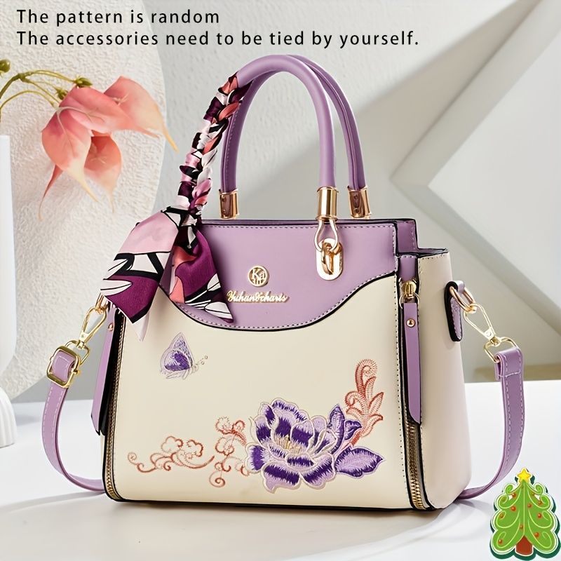 Embroidered Leather Handbag High-Quality Handbag Stylish Handbag Leather Bag - Blue - Size L