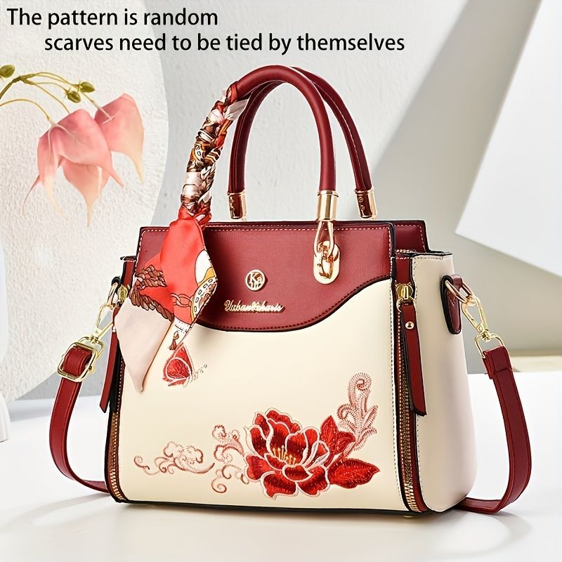 Embroidered Leather Handbag High-Quality Handbag Stylish Handbag Leather Bag - Blue - Size L