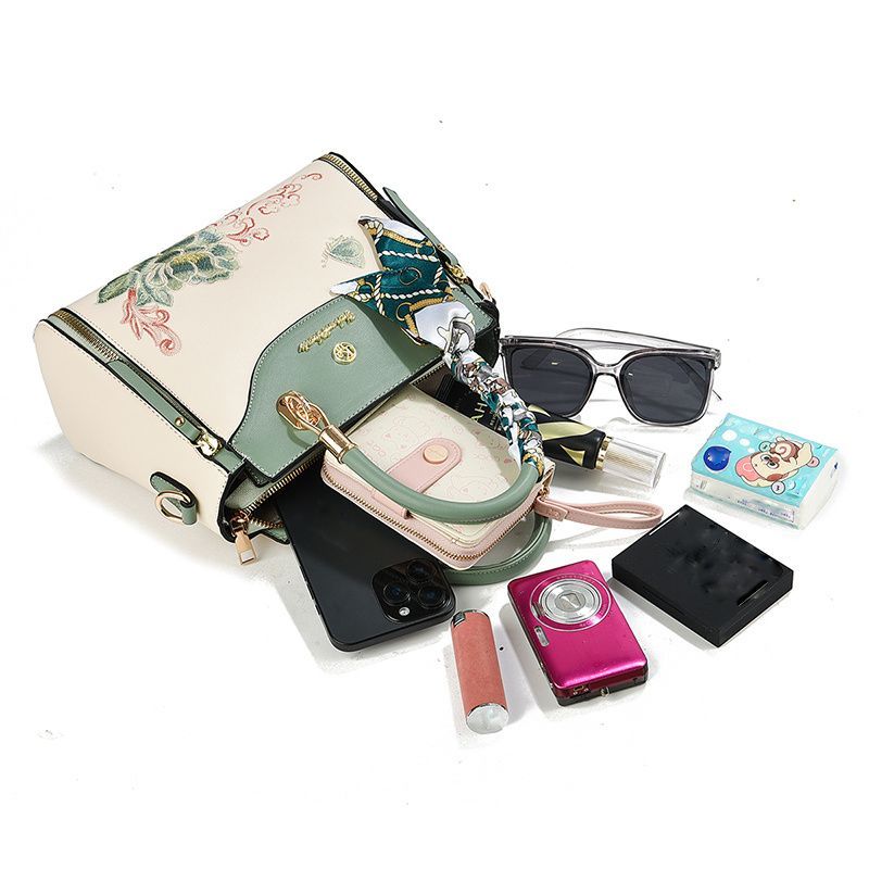 Embroidered Leather Handbag High-Quality Handbag Stylish Handbag Leather Bag - Blue - Size L